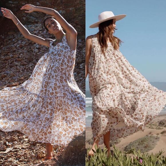 Daughters of India Bohemian Floral Maxi Dress - Cream and Brown - Picture 3 of 13